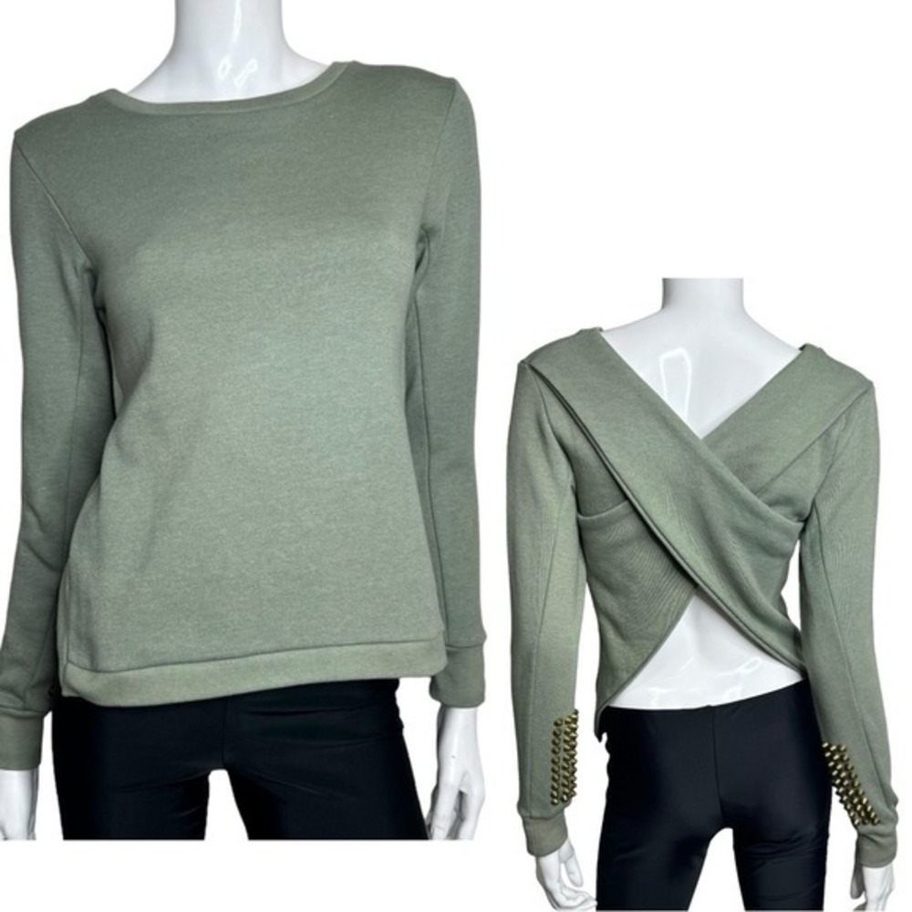 Maurie + Eve Open Back Studded Sleeves Green Sweatshirt